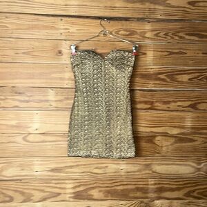 bebe Gold Strapless Sequin Bodycon Dress